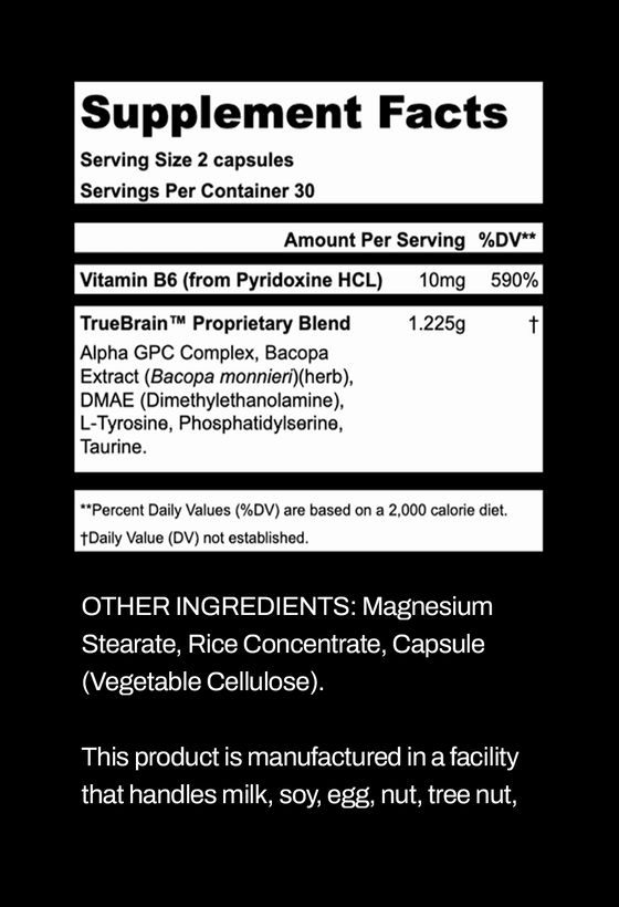 True Brain Supplement TrueBrain Nootropic 631mg Capsules (60 Capsules)